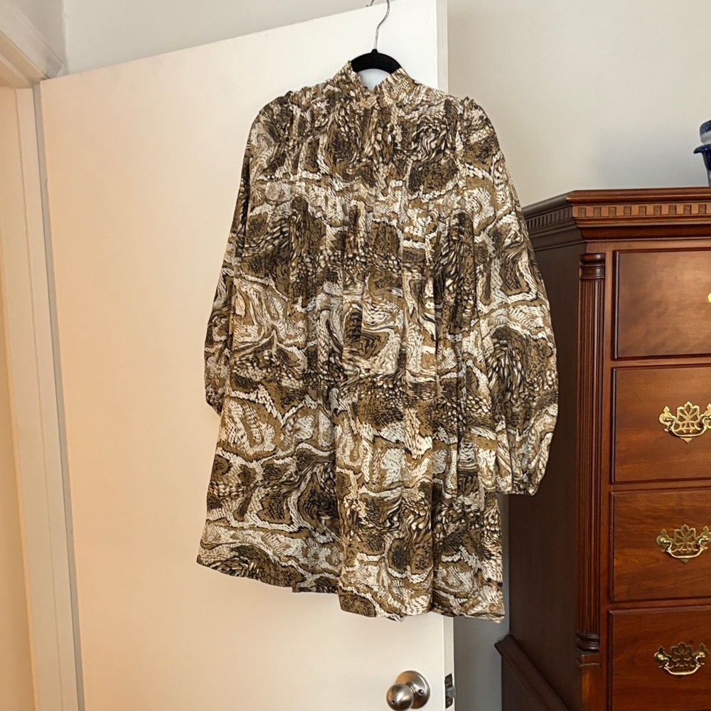 Ganni Brown Patterned Long Sleeve Dress